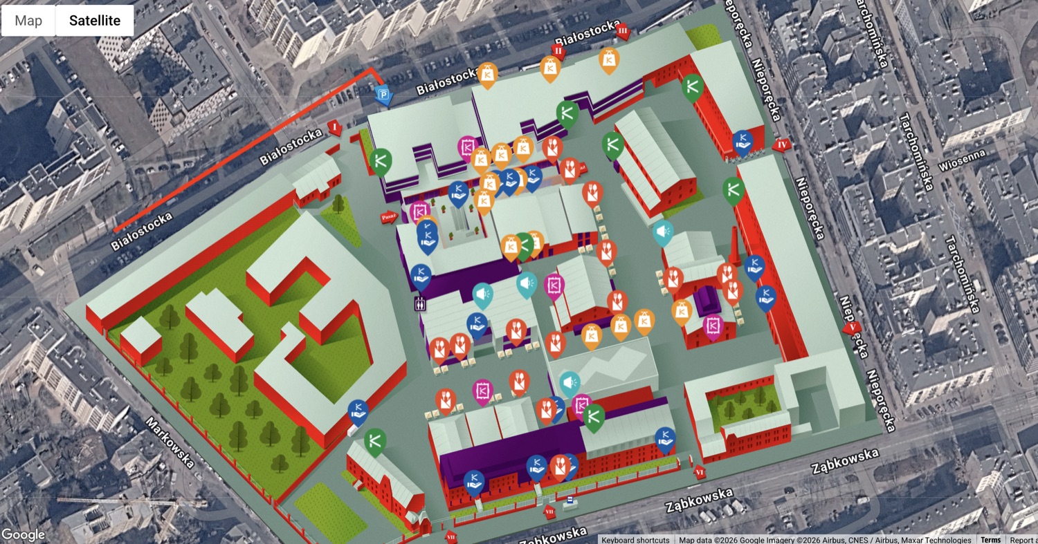 Mapa Centrum Praskiego Koneser z zaznaczoną trasą wjazdu na parking od ul. Białostockiej