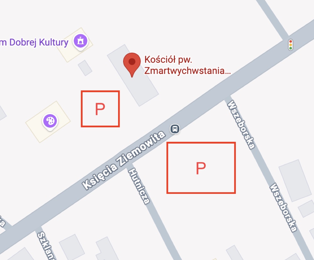 Mapka z lokalizacją dwóch bezpłatnych parkingów przy kościele, oznaczonych literą P